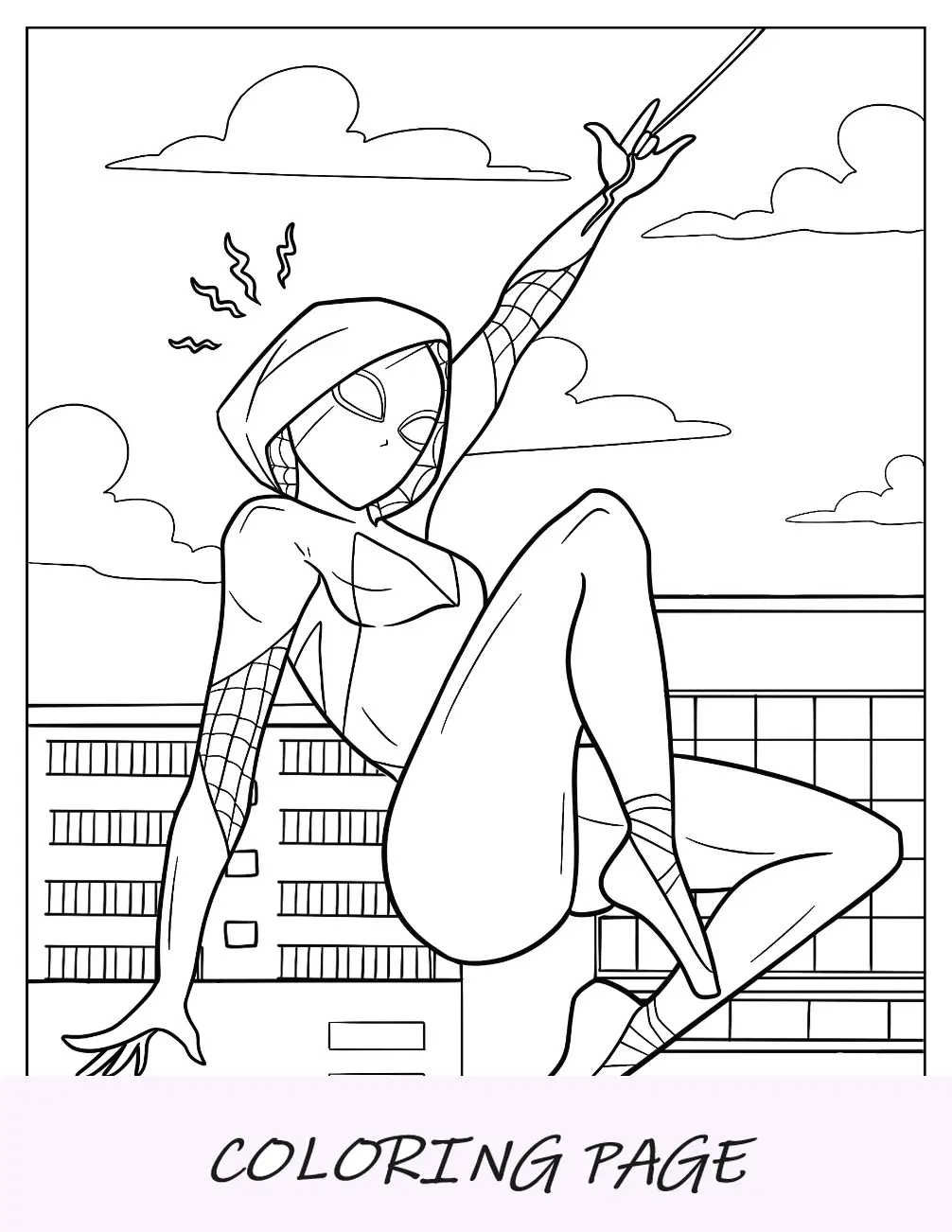 Genial página para colorear de Spider-Gwen balanceándose desde una red