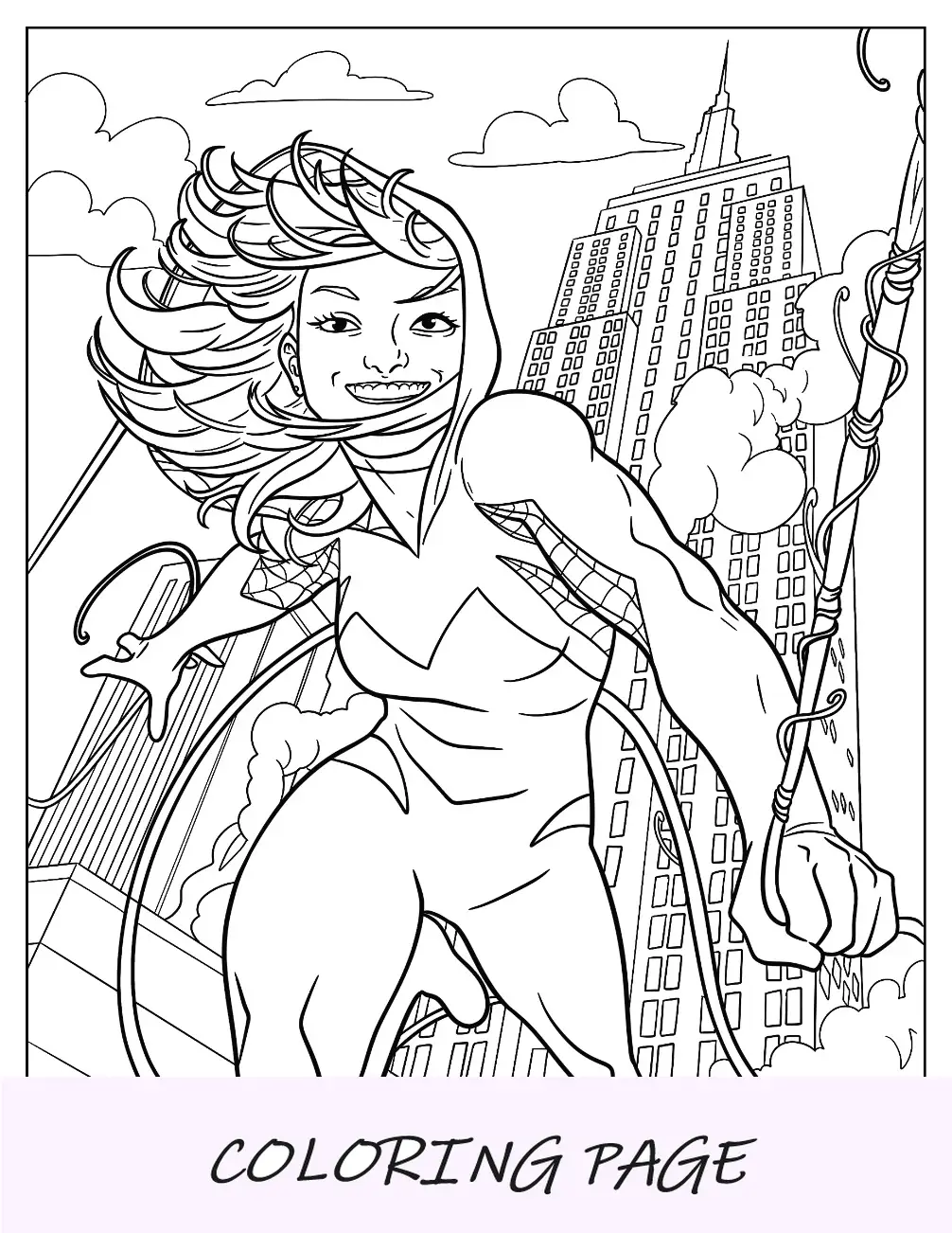 Dibujo para colorear de Spider-Gwen cómica corriendo por la ciudad