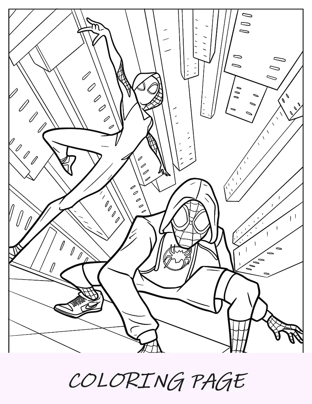 Página para colorear de Spider-Man y Spider-Gwen en acción