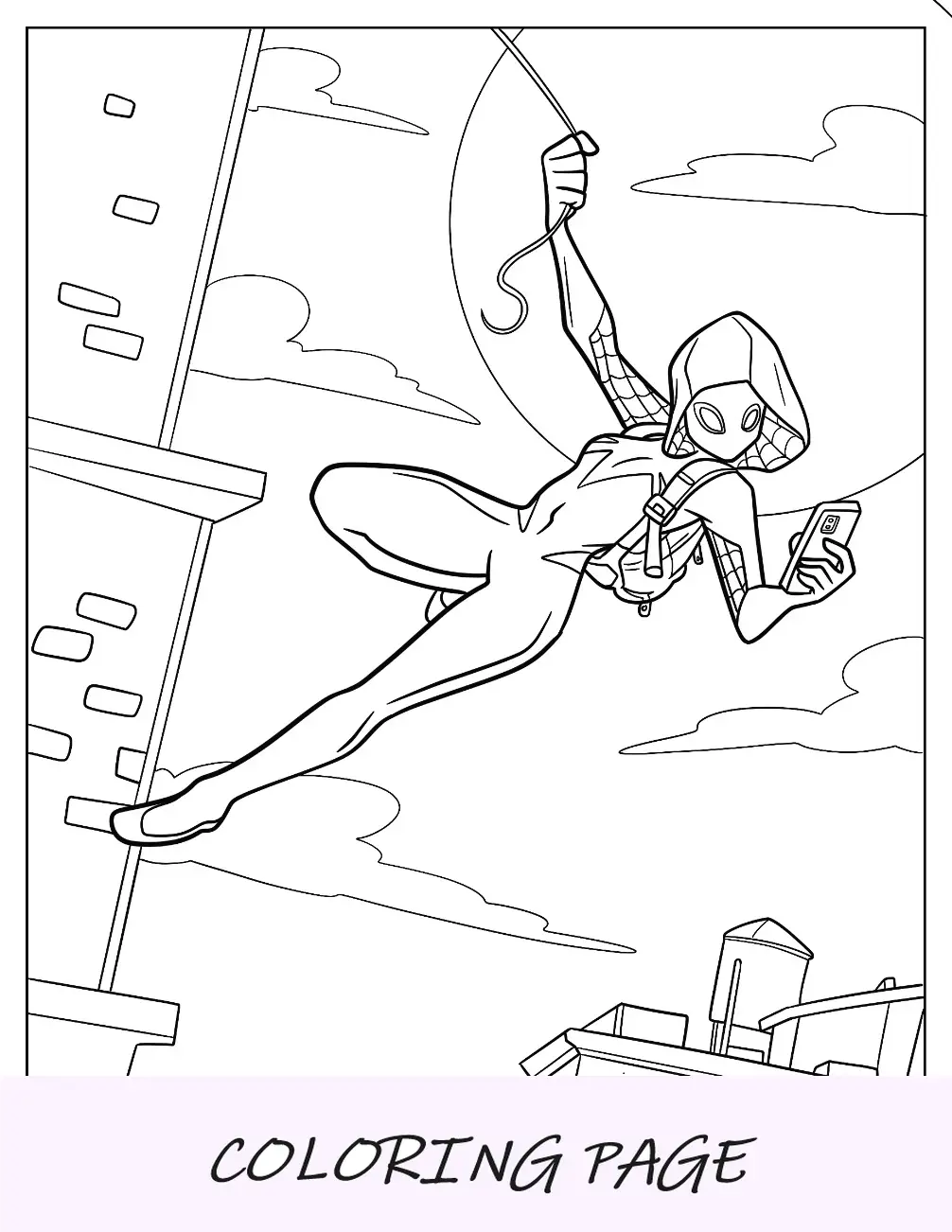 Página para colorear de Spider-Gwen enviando mensajes de texto mientras se balancea en una red