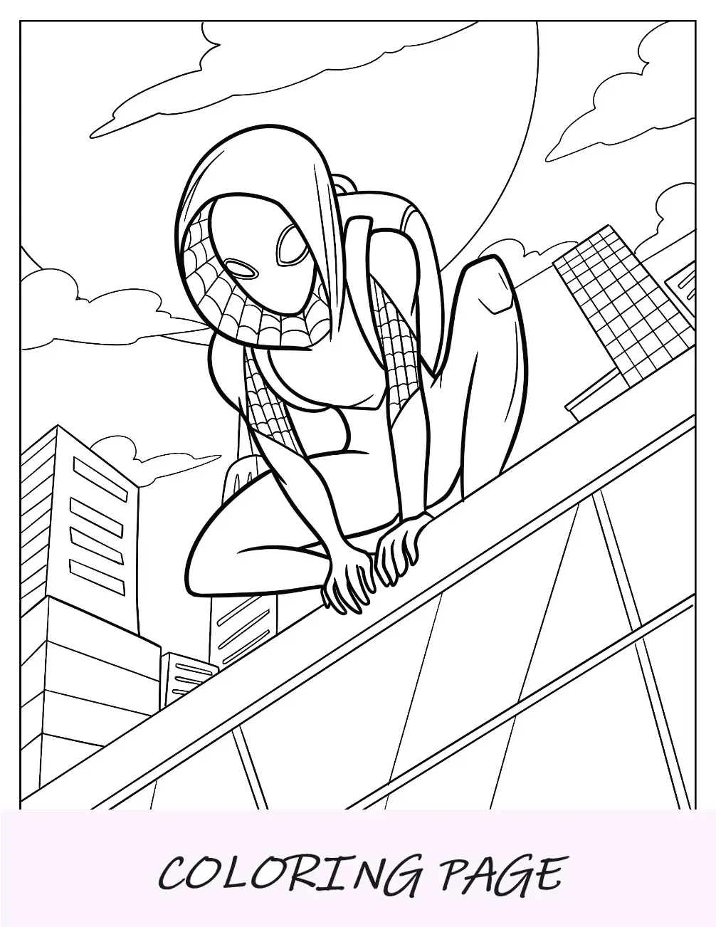 Página para colorear de Spider-Gwen mirando hacia abajo desde lo alto de un edificio