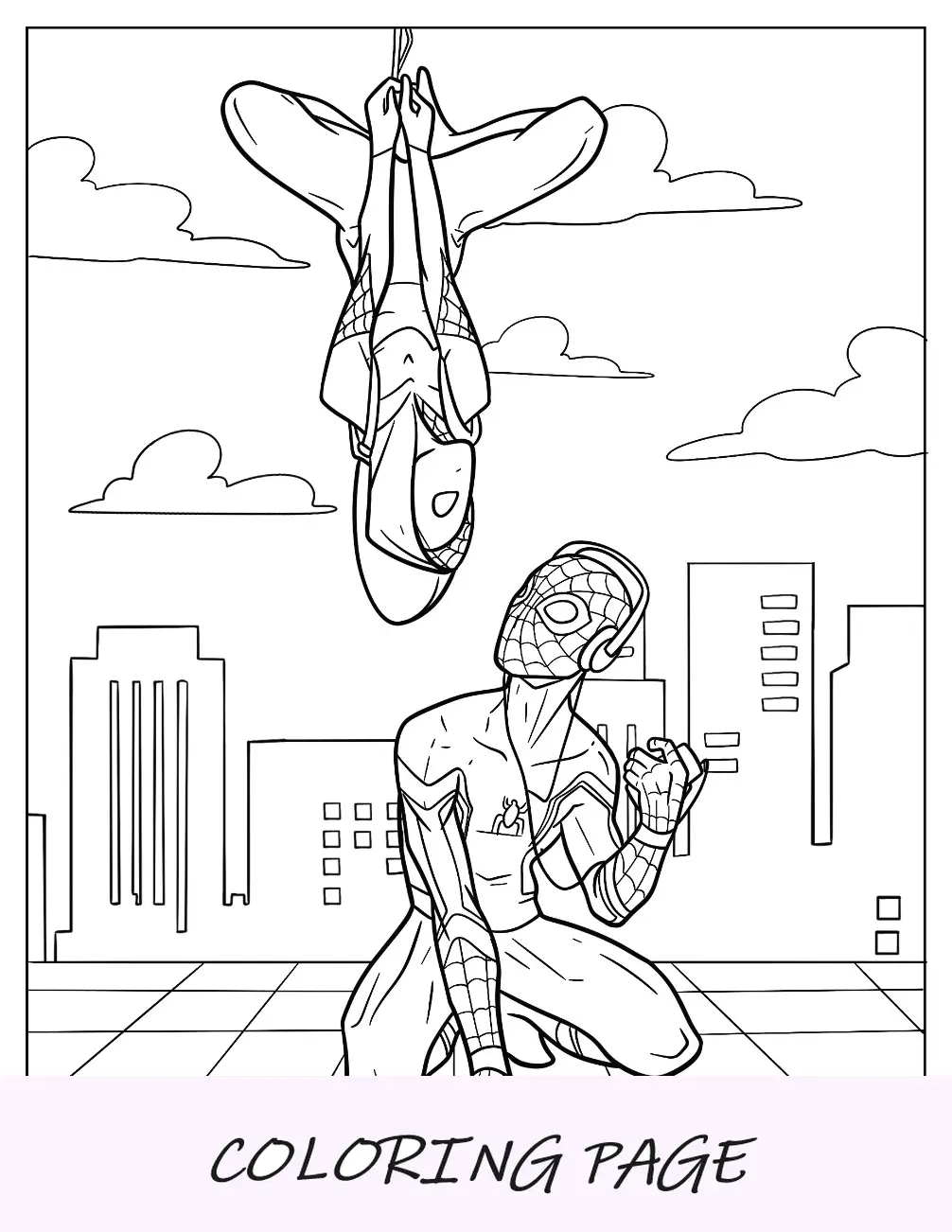Página para colorear de Spider-Gwen colgando boca abajo junto a Spider Man