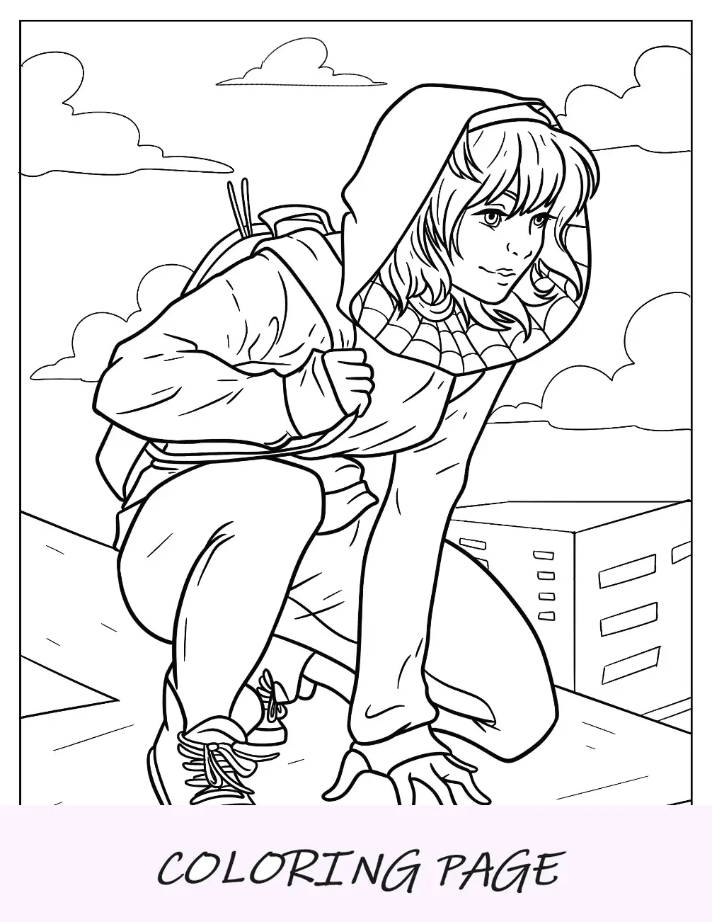 Dibujo para colorear de Spider-Gwen agachada en el borde de un tejado