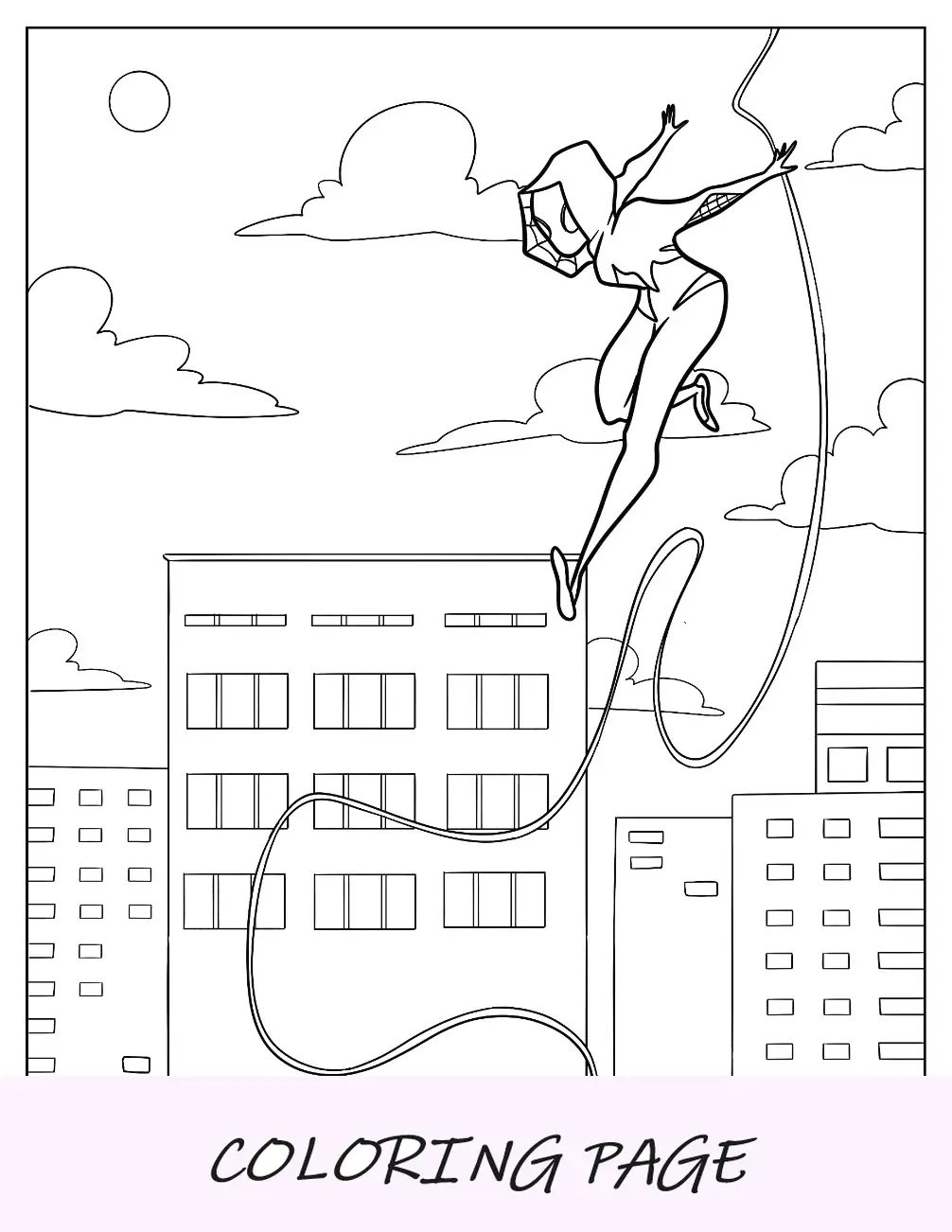 Esquema sencillo de la página para colorear de Spider-Gwen en la noche para niños en edad preescolar