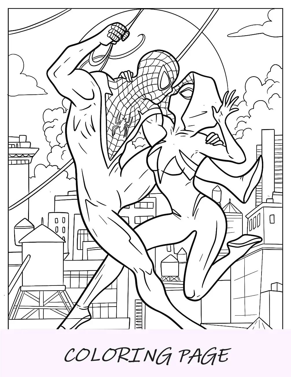 Página detallada para colorear de Spider-Gwen sosteniendo a Spider Gwen en el aire