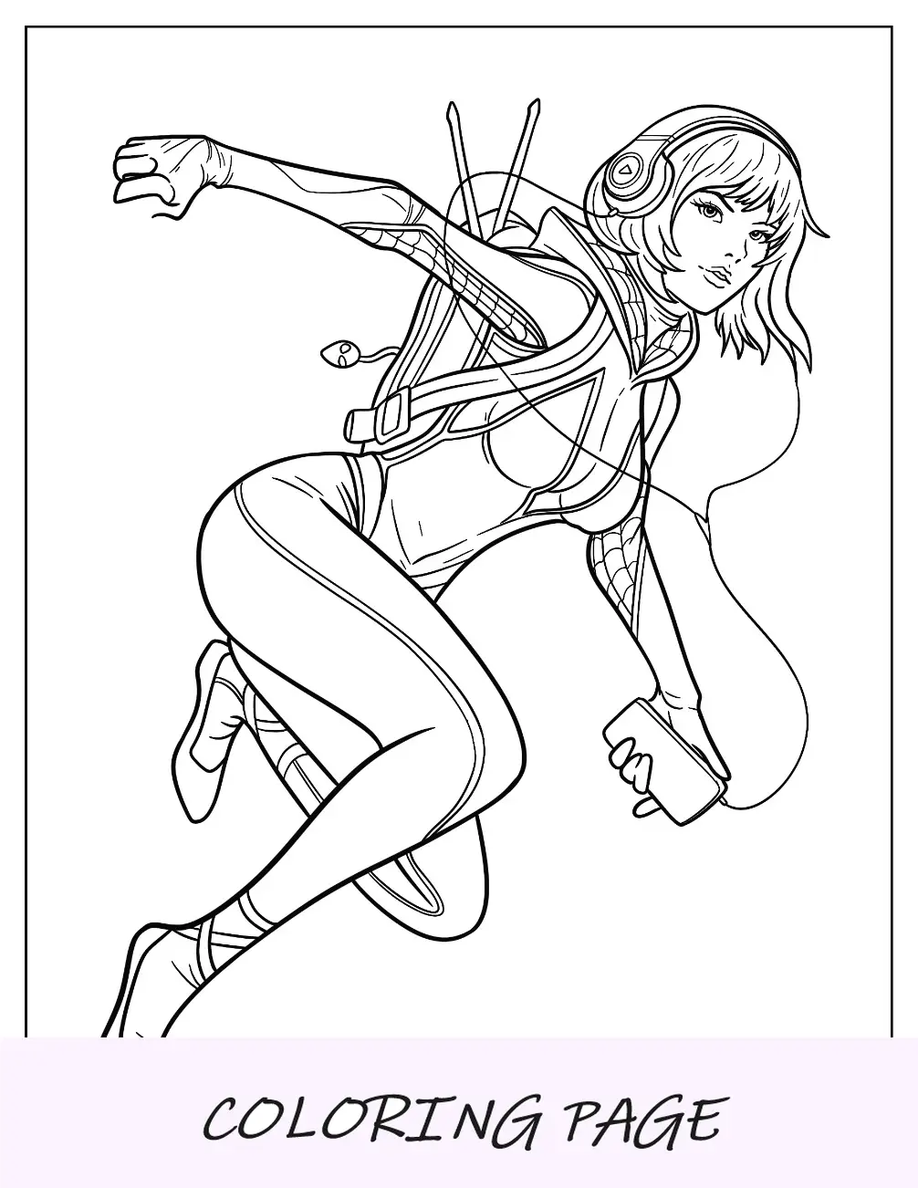 Dibujo para colorear de Spider-Gwen con auriculares y mochila
