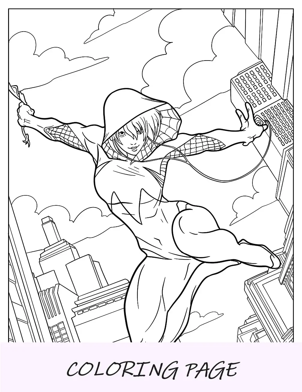 Página para colorear realista de Spider-Gwen balanceándose por la ciudad