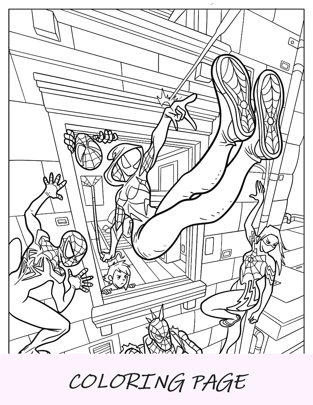 Página para colorear de Spider-Gwen balanceándose por una ventana en Spider Man Multiverse