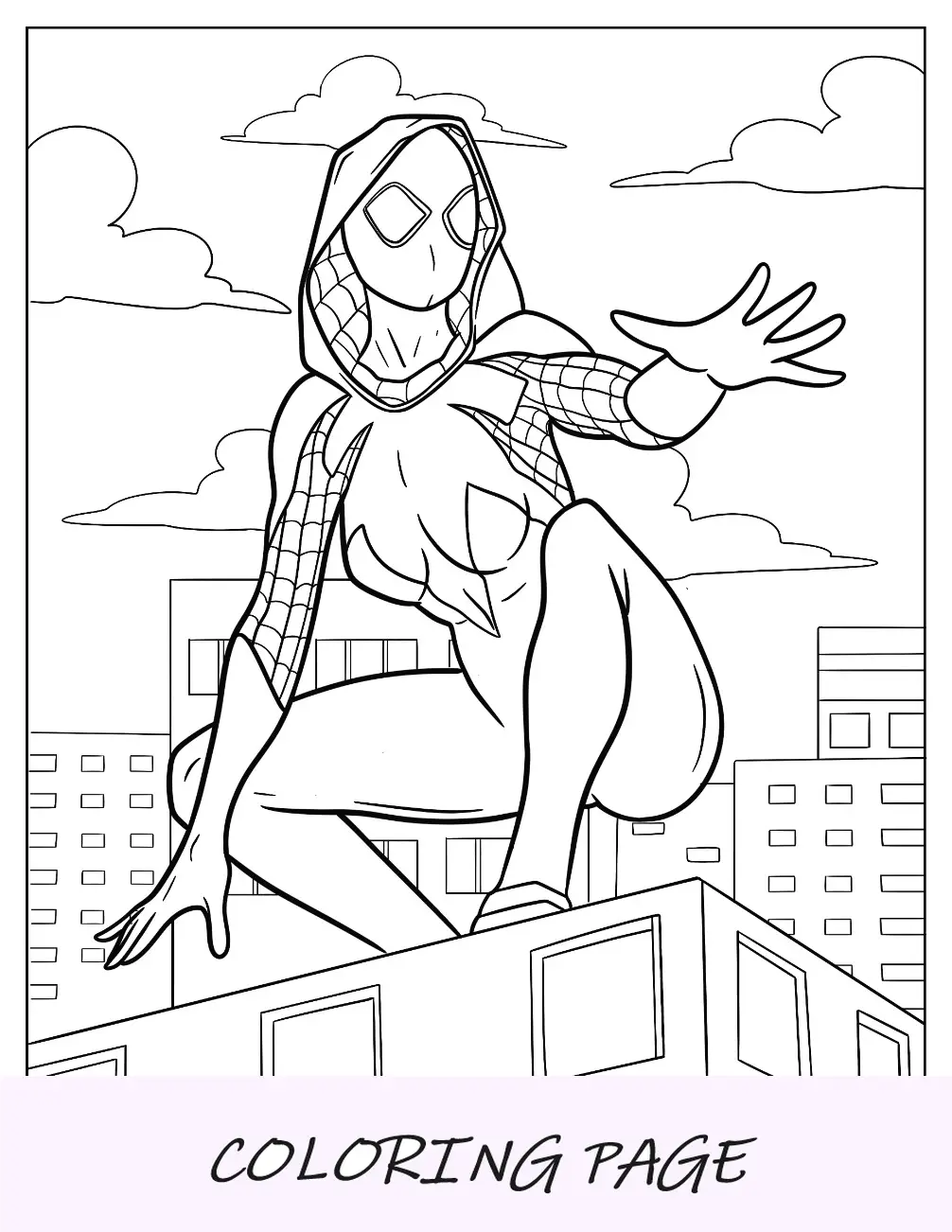 Página para colorear de Spider-Gwen en el borde de un edificio extendiendo su mano