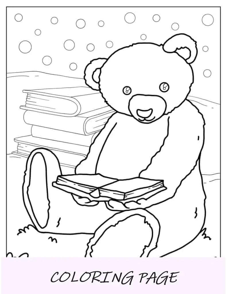 Página para colorir de livros de leitura de ursinho de pelúcia