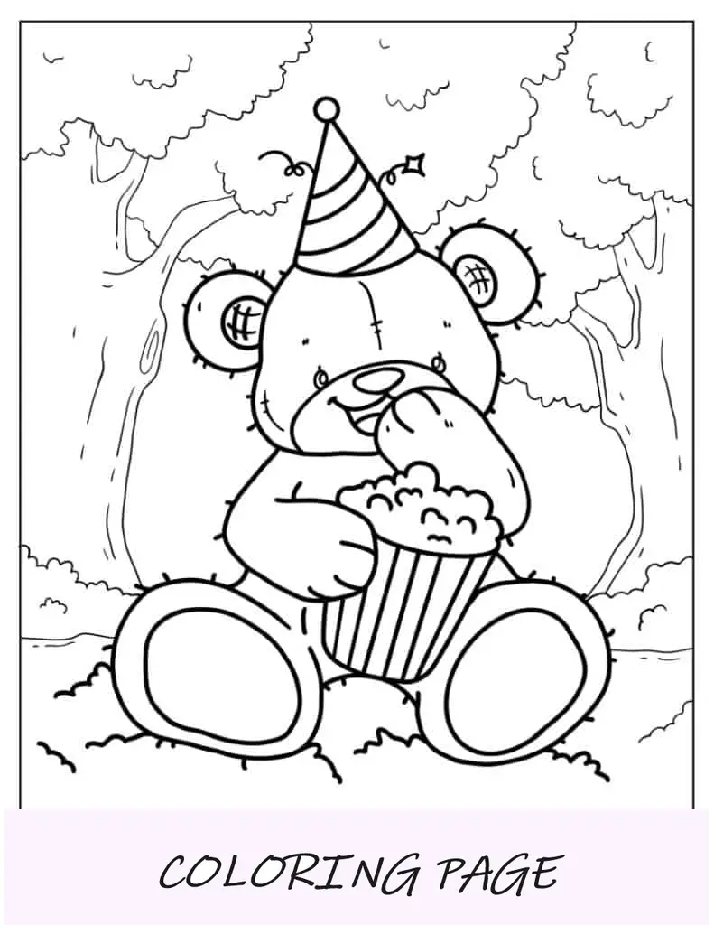 Ursinho de pelúcia com tema de aniversário para colorir