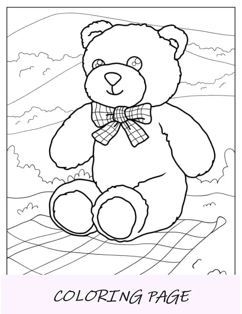 Folha para colorir de ursinho de pelúcia fofo fazendo um piquenique