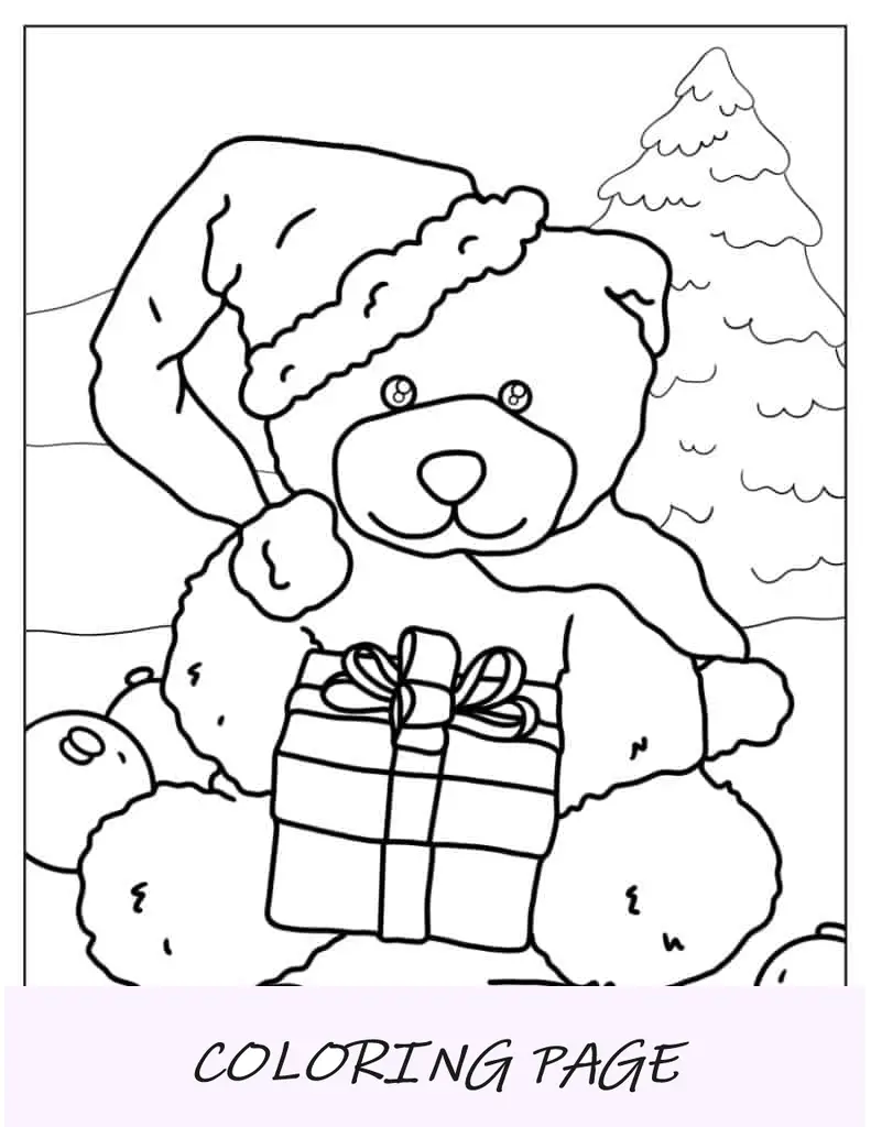 Ursinho de pelúcia de Natal com chapéu de Papai Noel e presente