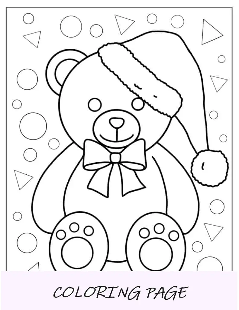 Ursinho de pelúcia usando um chapéu de Papai Noel para colorir