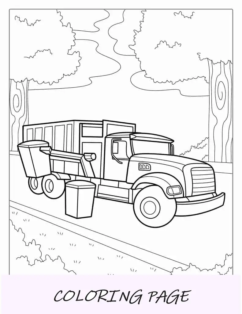 Pagina da colorare di un camion della spazzatura con caricatore laterale
