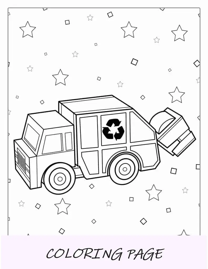 Pagina da colorare di riciclaggio del camion della spazzatura