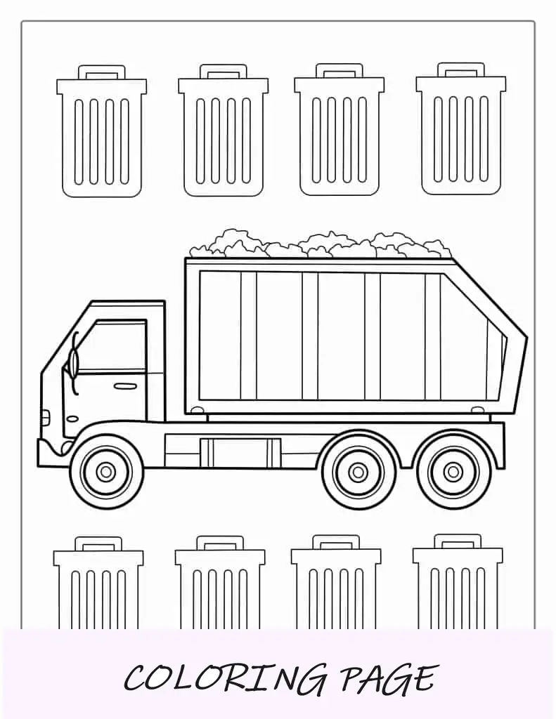 Semplice schema di un camion della spazzatura da colorare per bambini in età prescolare