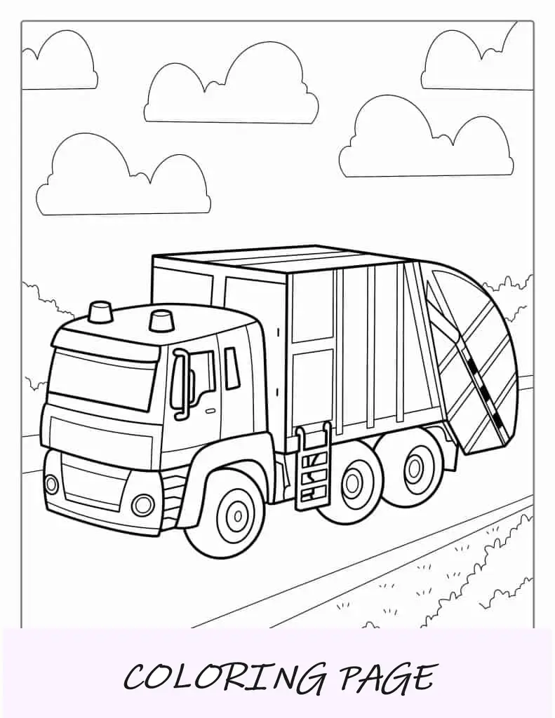 Camion della spazzatura che guida sulla strada