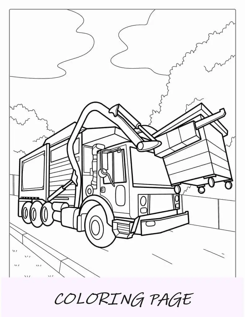 Foglio da colorare per camion della spazzatura con caricatore frontale grande