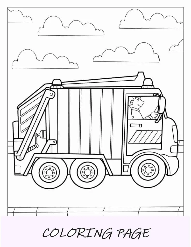 Camion della spazzatura con autista da colorare per bambini