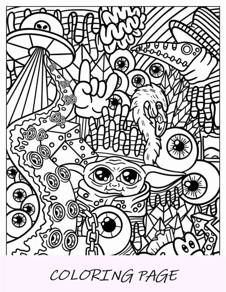 Dibujo para colorear Baby Yoda y Alien Trippy