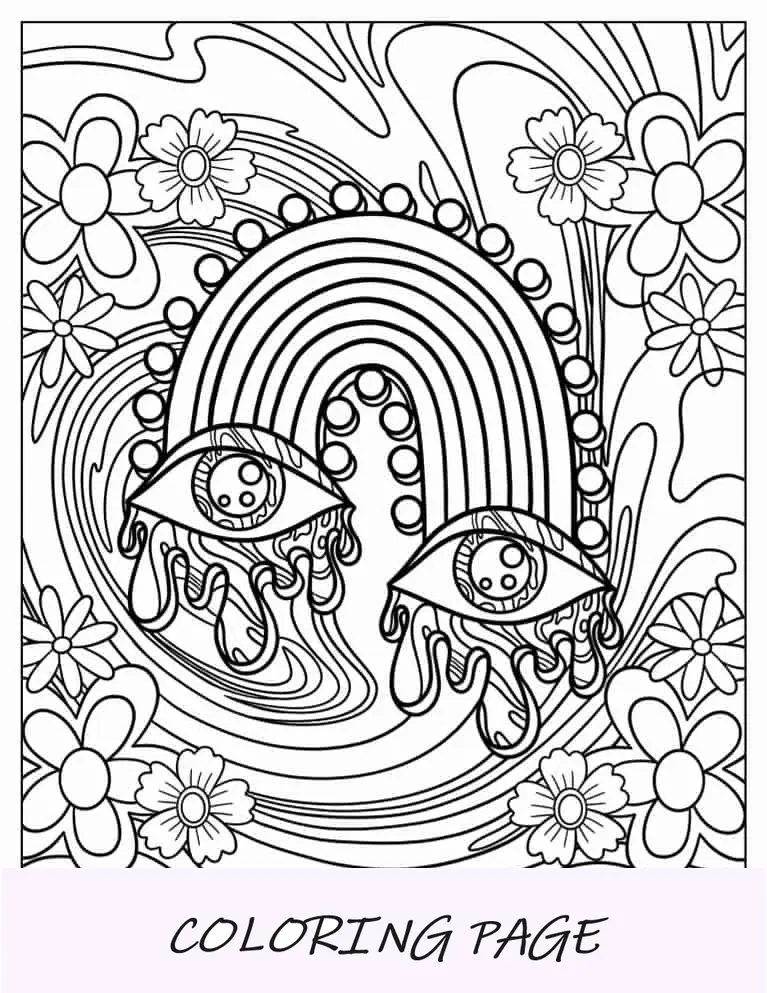 Página para colorear trippy al estilo de los años 70 con ojos y arcoíris