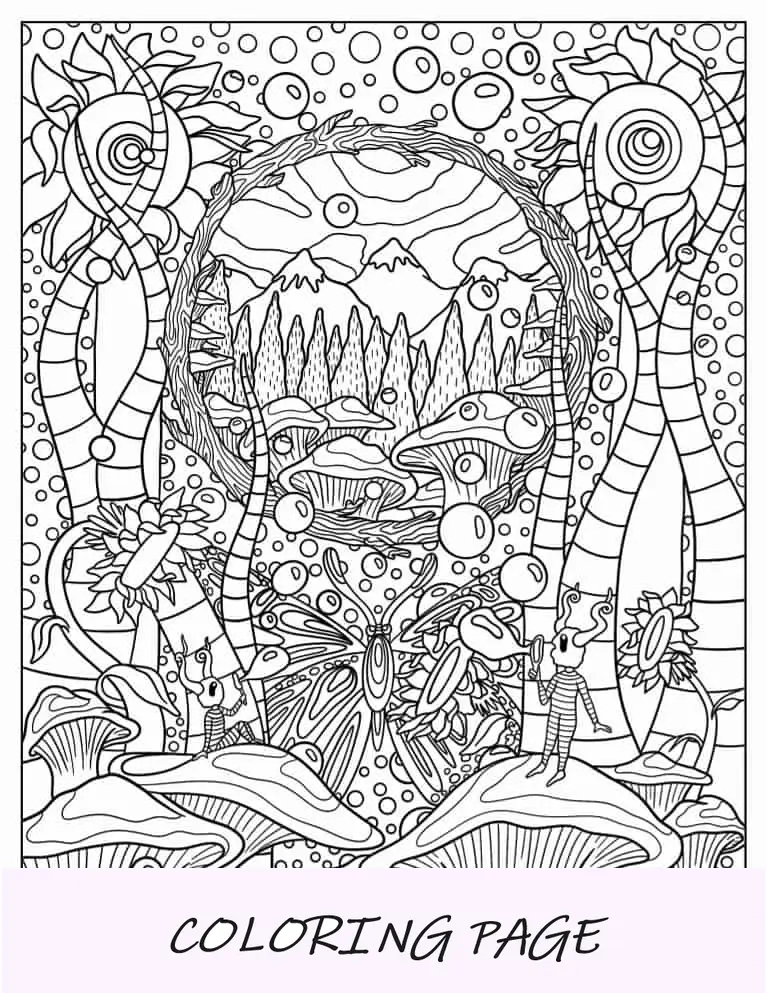 Hoja para colorear de bosque de hongos de ensueño