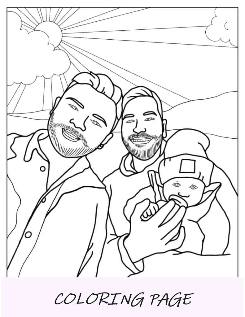 Página para colorir de um casal gay com bebê