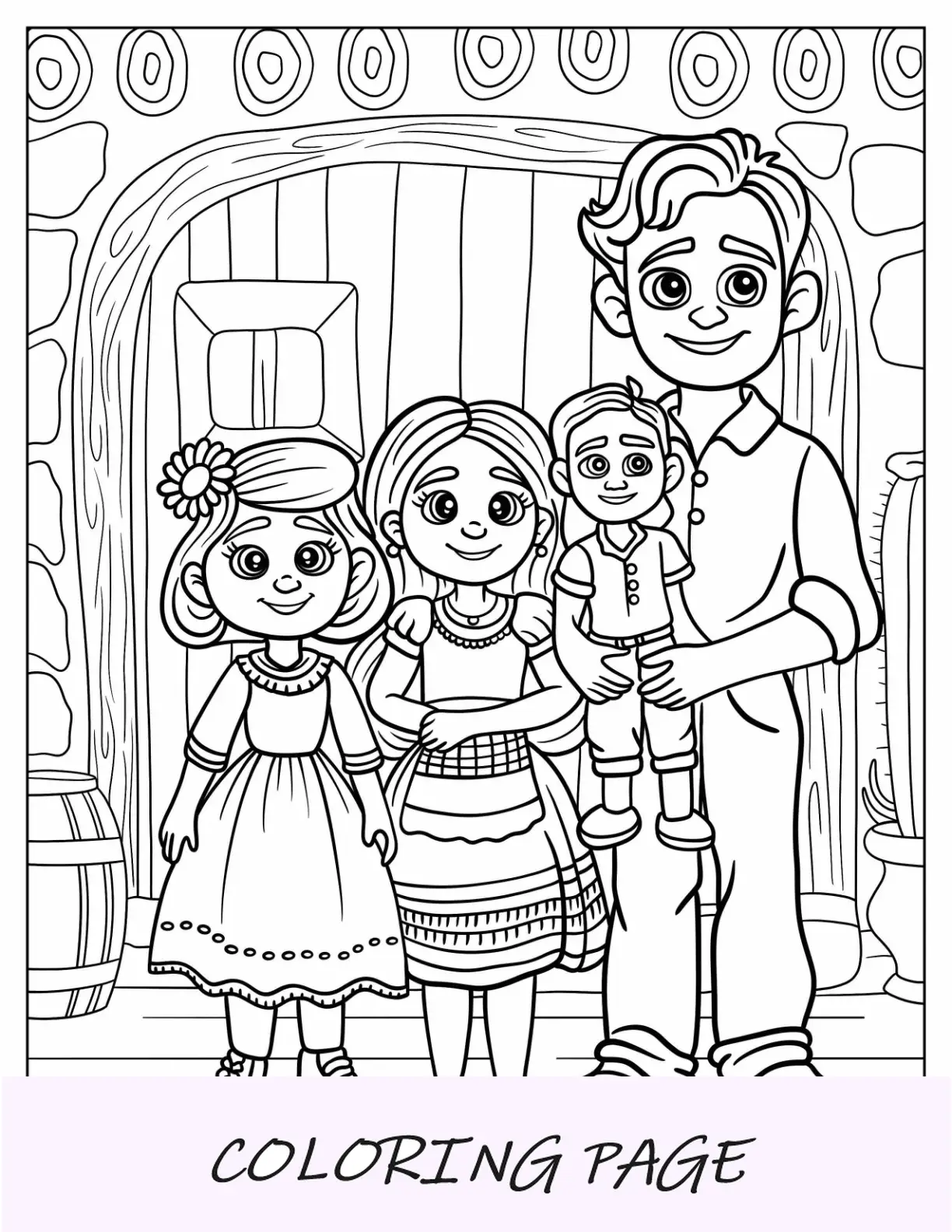 Página para colorir de família hispânica de desenho animado com pai e três filhos