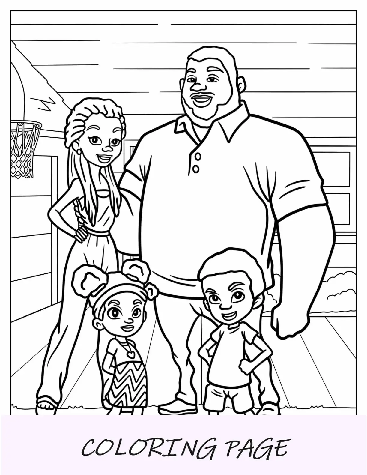 Página para colorir de família de pai, mãe, filha e filho negros fora de casa