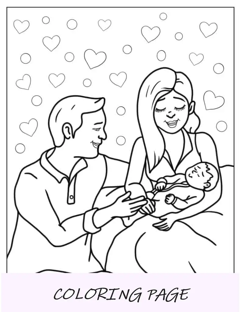 Página para colorir de família de pai, mãe e bebê