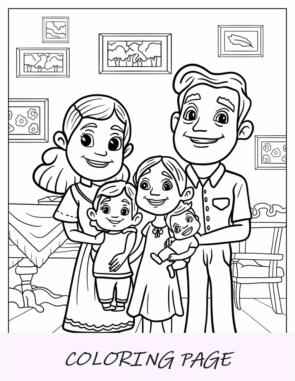 Página para colorir de família de lindos pais hispânicos com três filhos