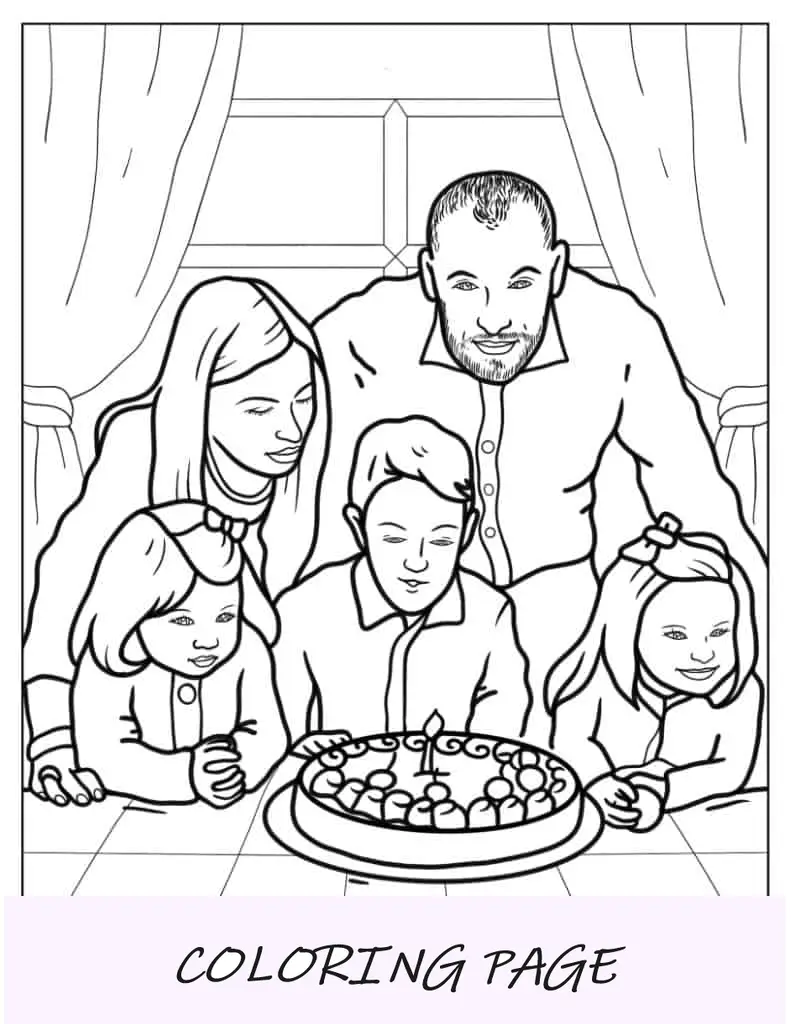 Folha para colorir Família durante um aniversário