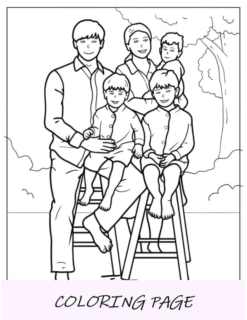 Foto de família com três filhos para colorir