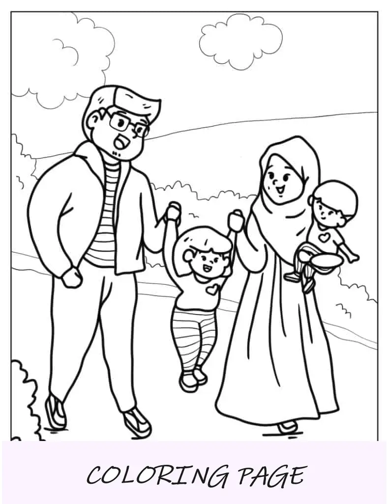 Família caminhando no parque com crianças para colorir