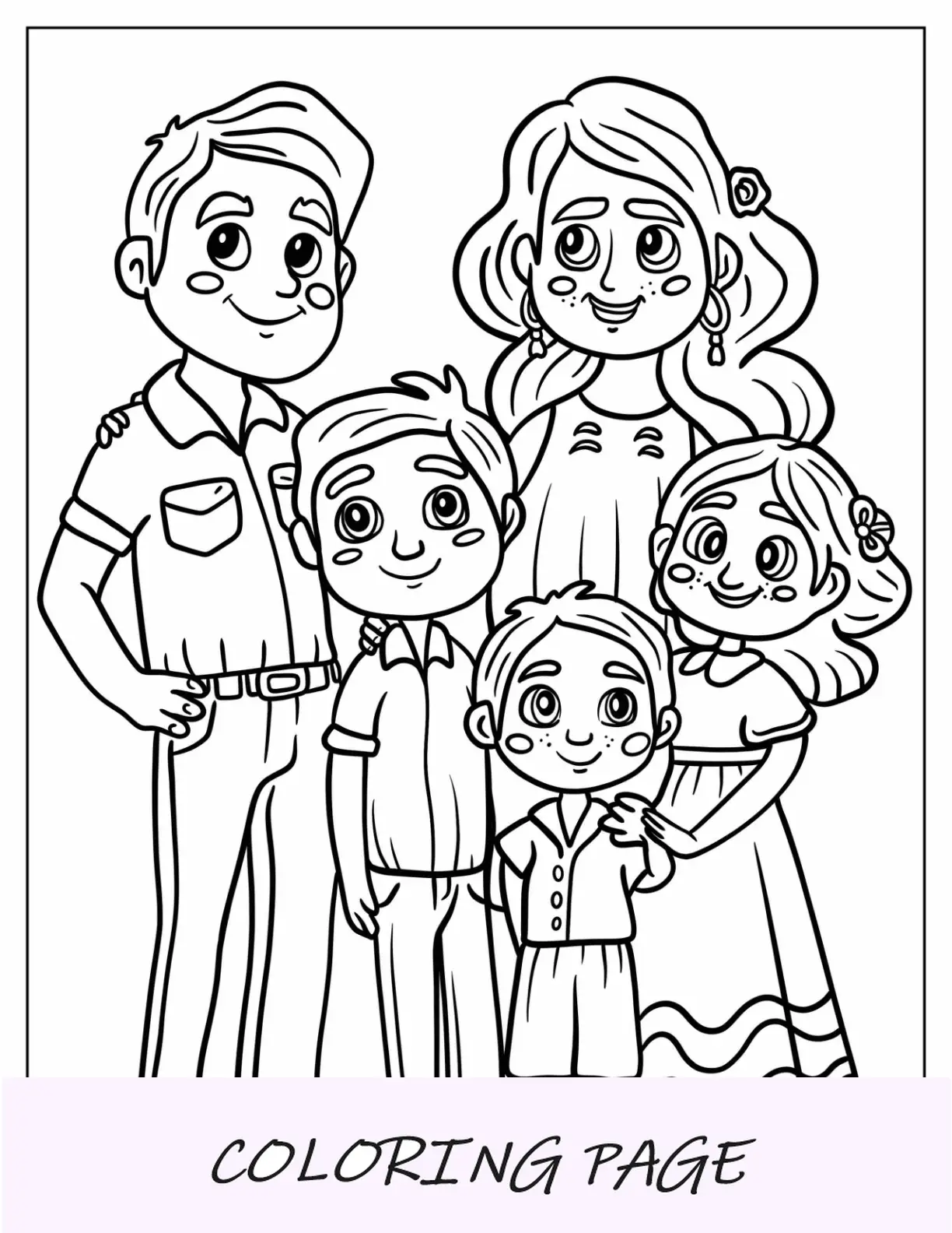 Página para colorir de família hispânica Kawaii com pai, mãe e três filhos