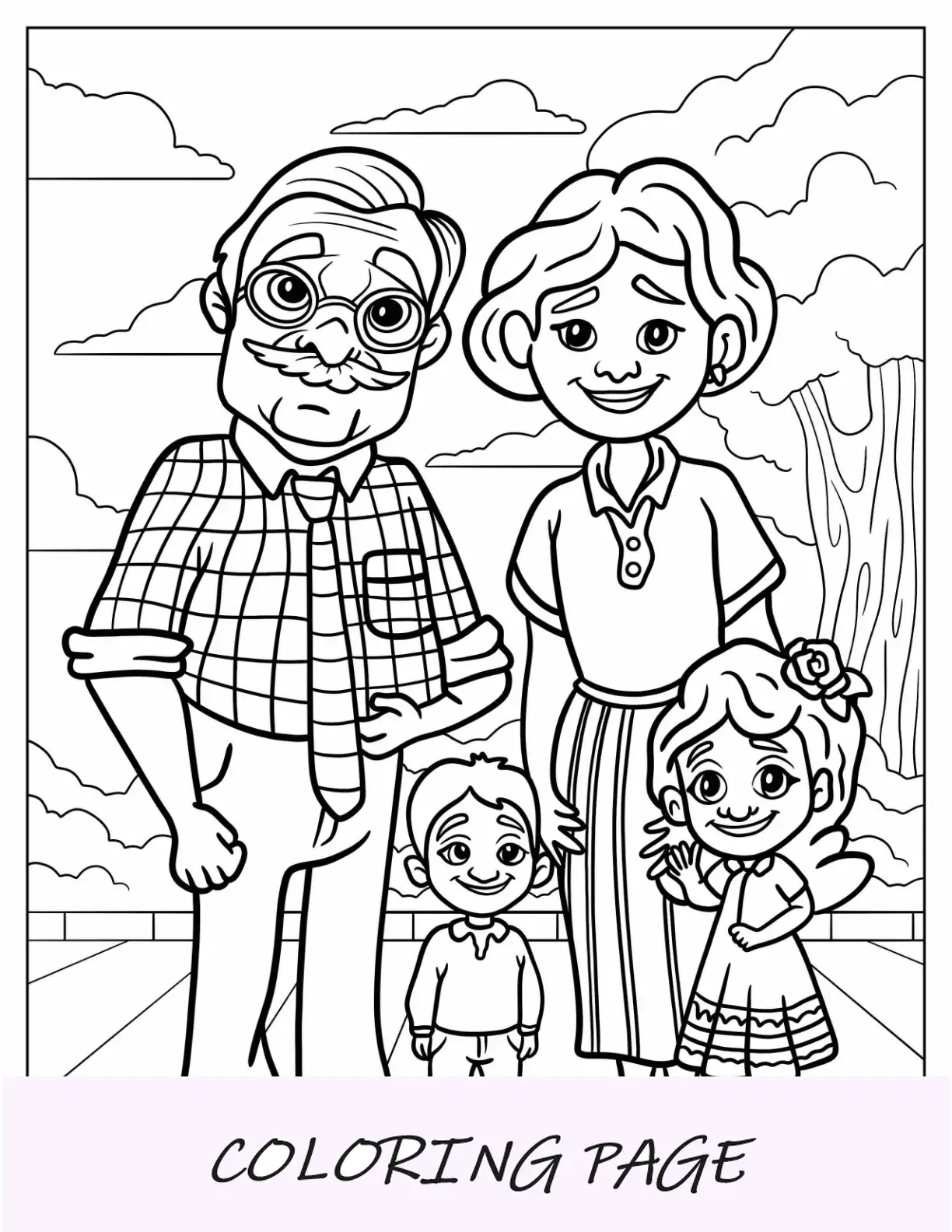 Página para colorir de família de avós hispânicos com netos