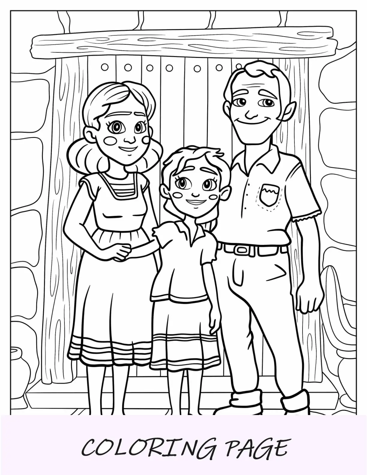 Página para colorir de família hispânica em frente à casa