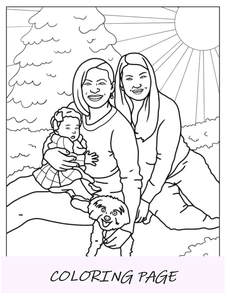 Folha para colorir de família lésbica