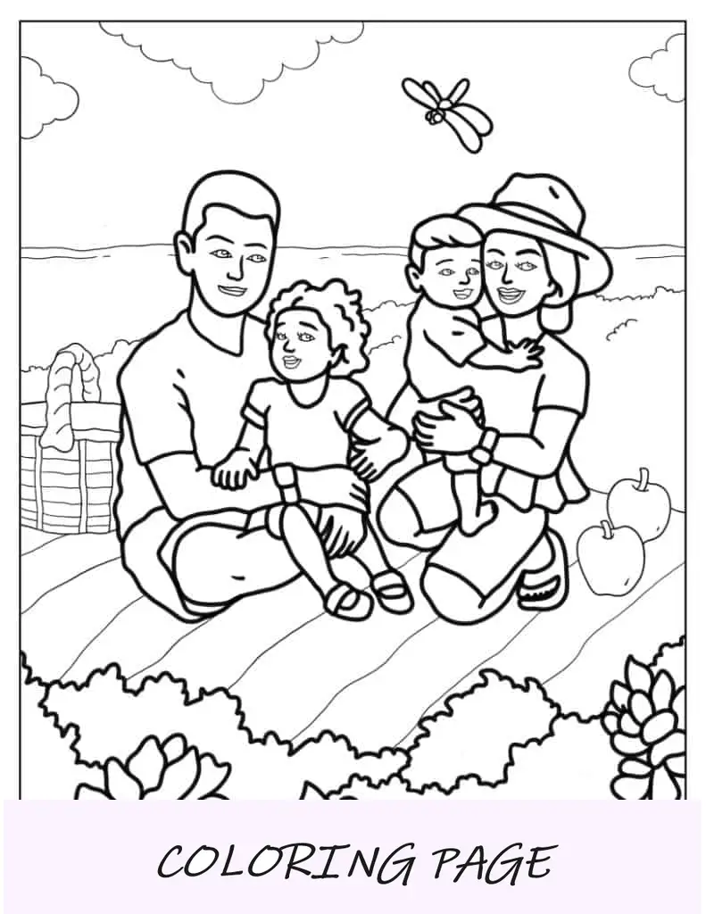 Folha para colorir de uma família fazendo um piquenique