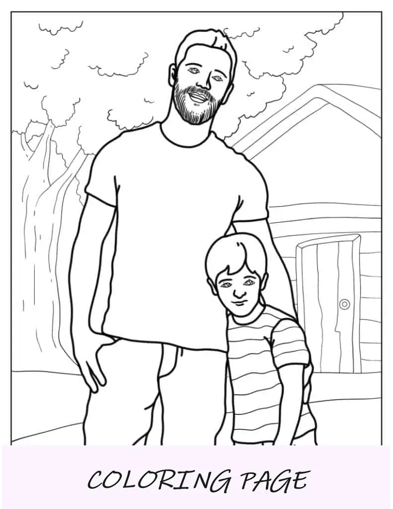 Página para colorir de família de pai solteiro e filho