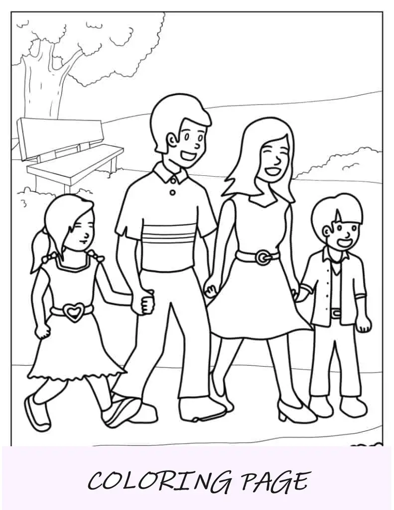 Família feliz no parque para colorir