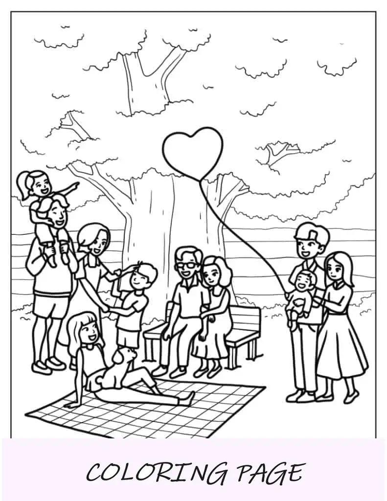 Página para colorir de família extensa em um parque