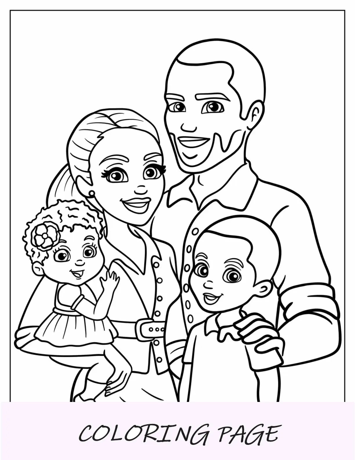 Página para colorir de família preta simples com pai, mãe, filho e filha