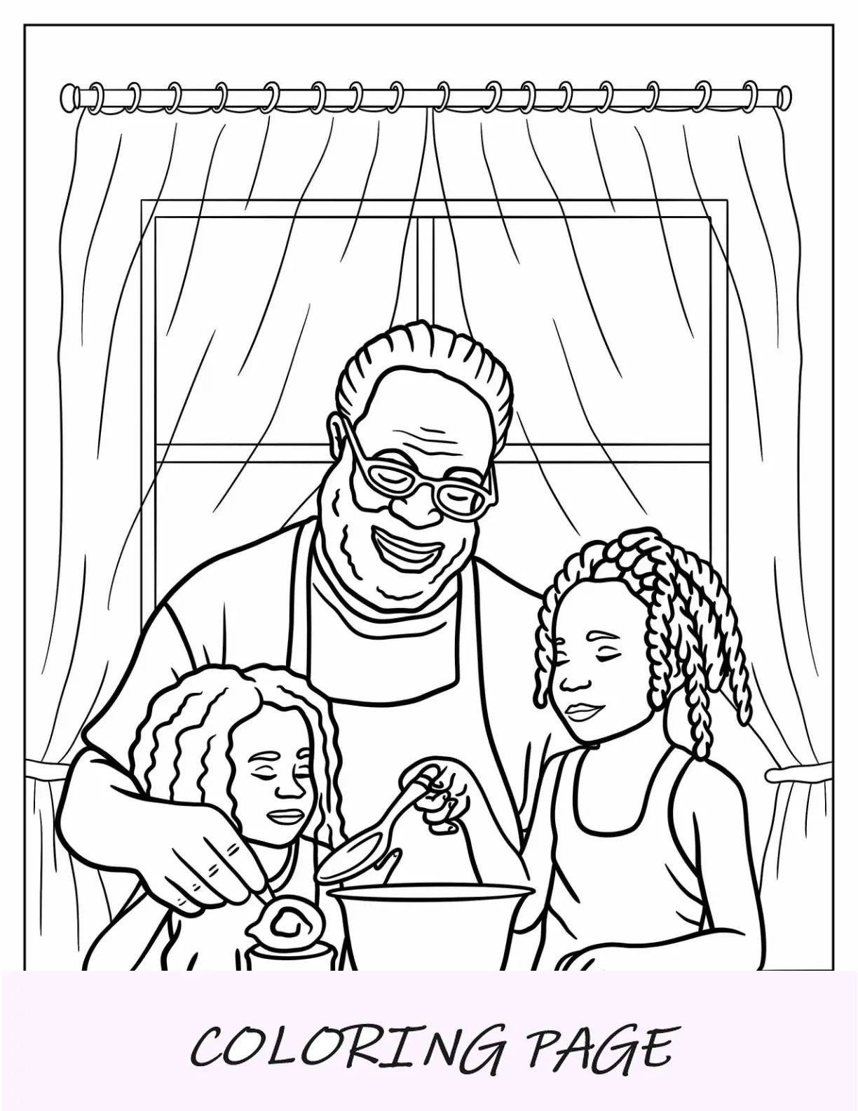 Página para colorir de família negra realista culinária