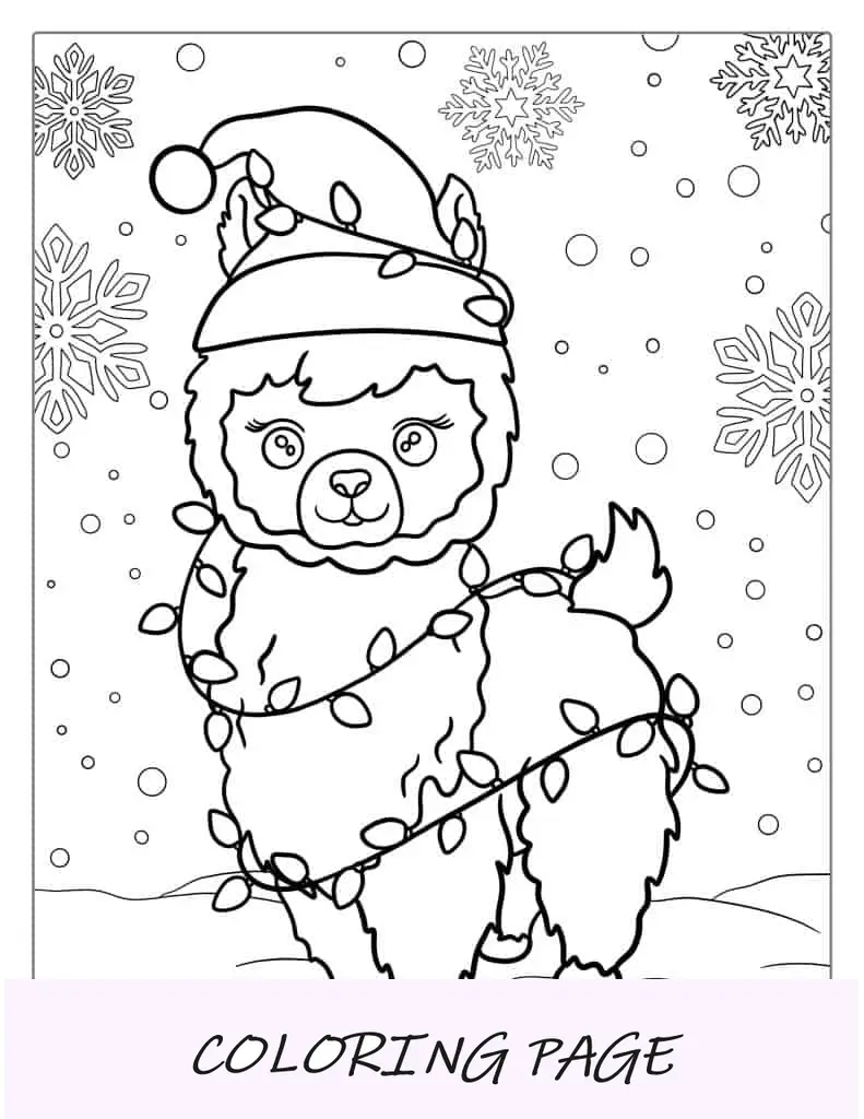 Adorável lhama com tema de Natal para colorir