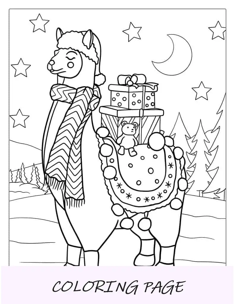 Lhama inspirada no Natal para colorir