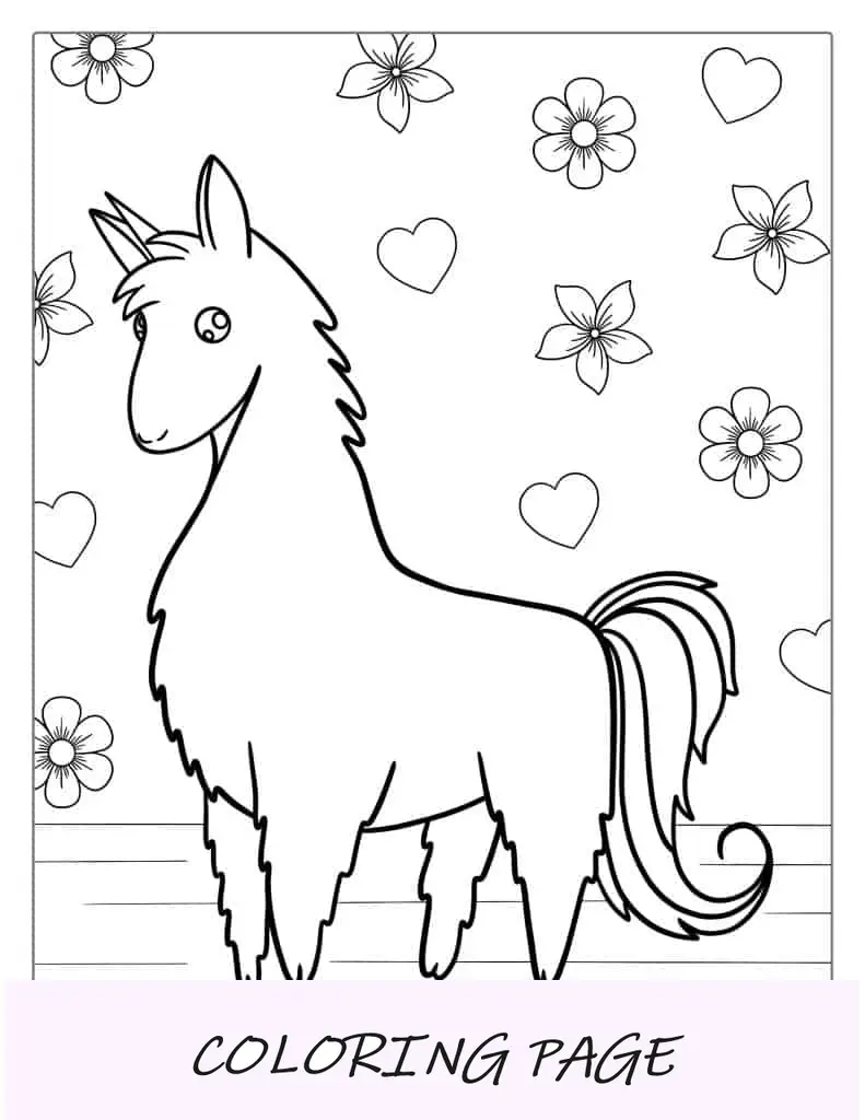 Folha para colorir de lhama de unicórnio fofo