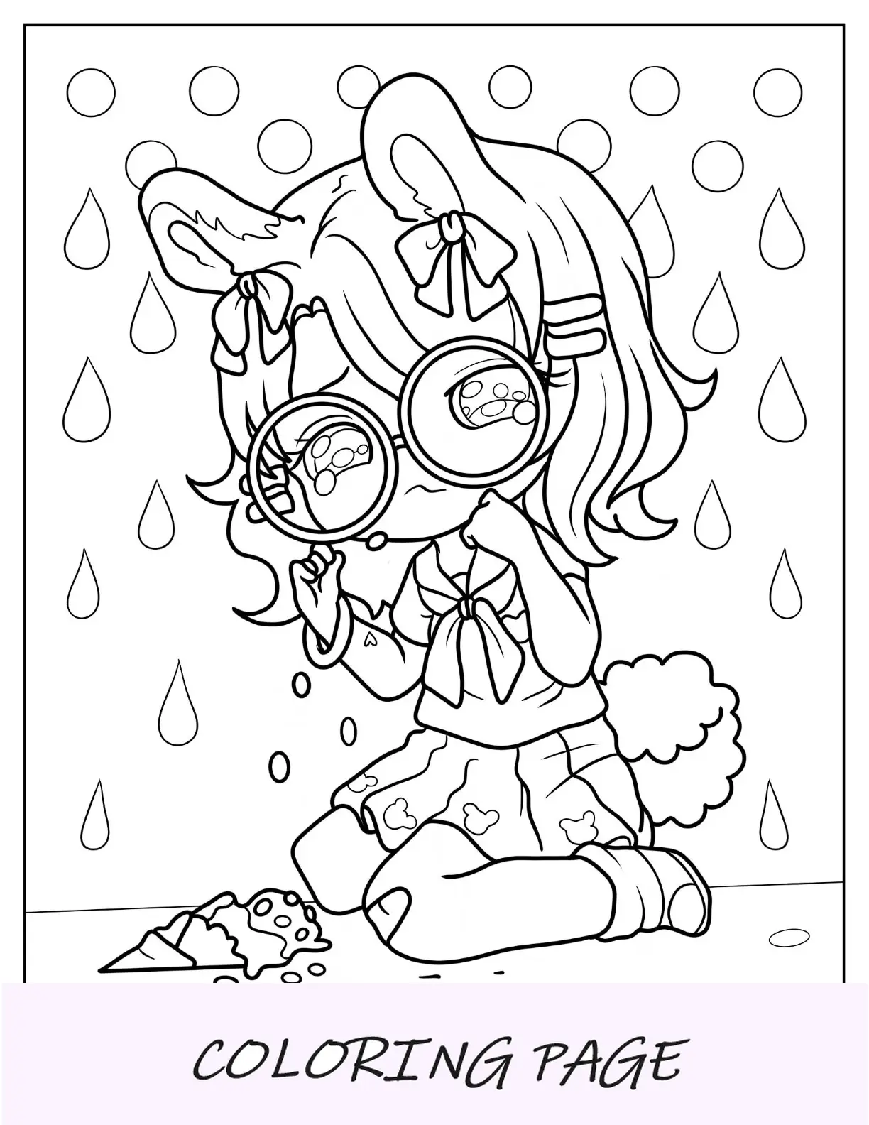 Página para colorear de Chibi de niña gato en el dormitorio jugando con gatos