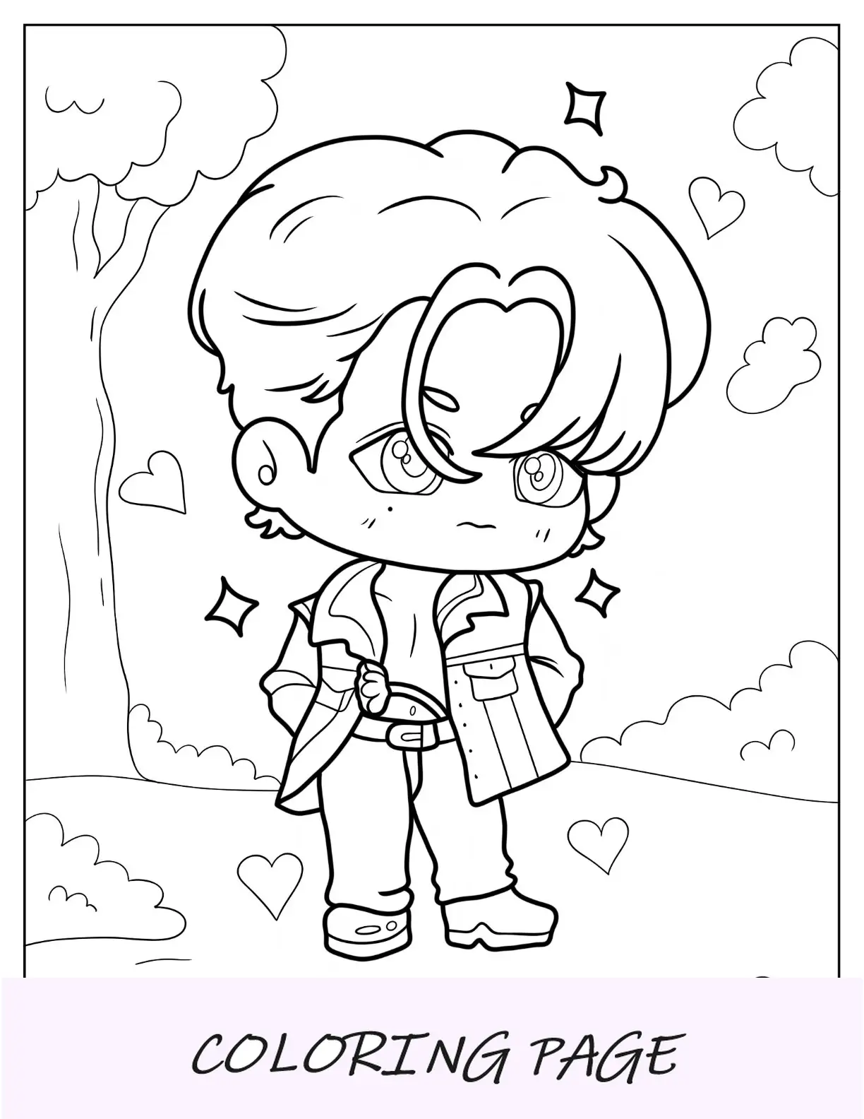 Página para colorear de Chibi de una niña con auriculares y comiendo pastel de arroz